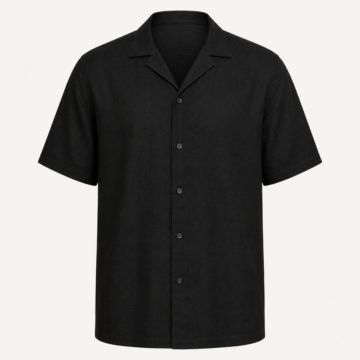 Black Linen Blend Cuban Collar Shirt