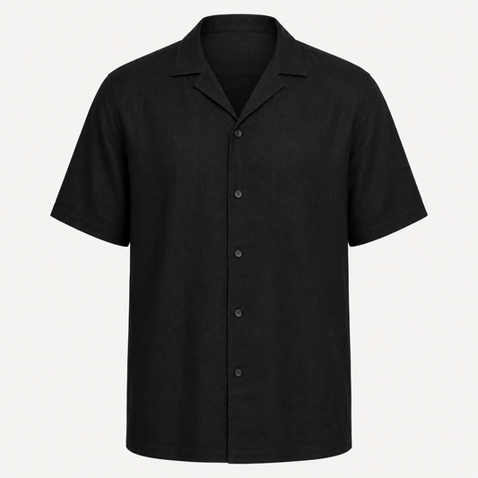 Black Linen Blend Cuban Collar Shirt